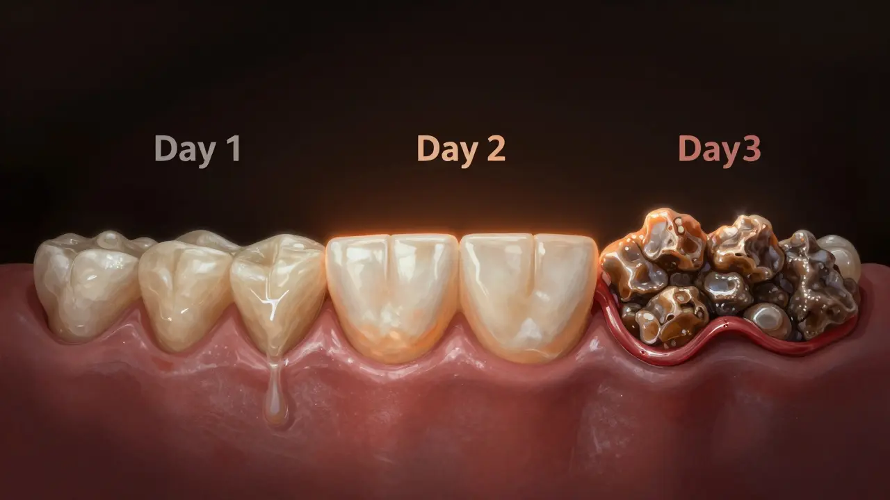 Vývoj zubního plaku v zubní kámen s postupným zánětem dásní.