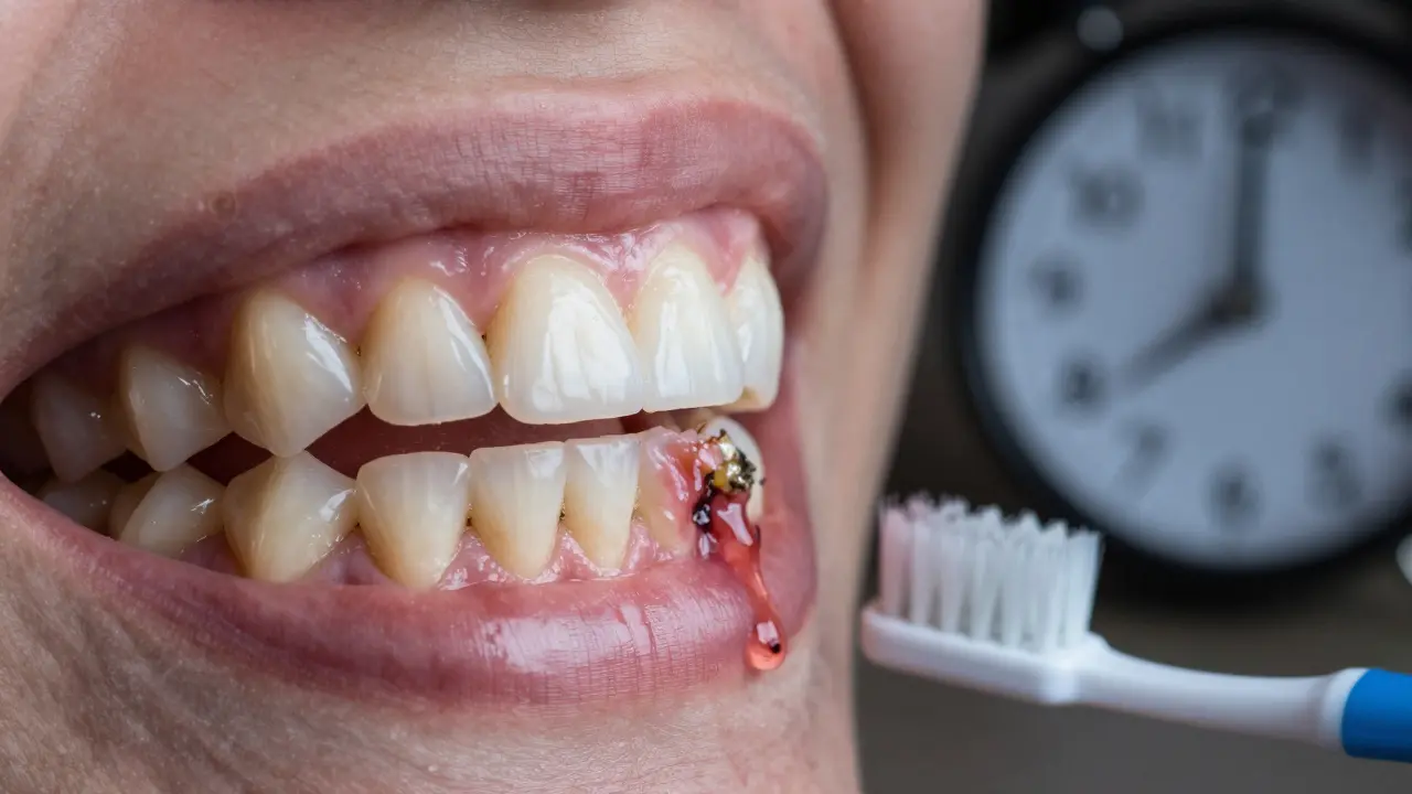 Zdravé dásně vlevo a zánětlivě odtažené dásně s kamenem vpravo.