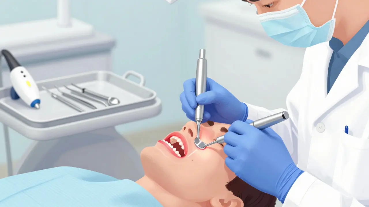Zubní lékař provádí hluboké vyčištění pod dásní pomocí speciálních nástrojů.
