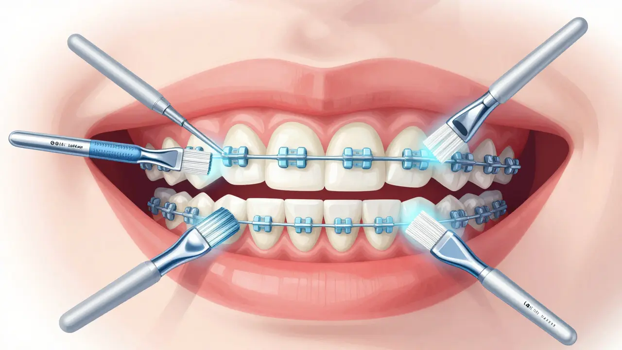 Čtyři modely Curaprox kartáčků umístěny kolem zubů a ortodontických drátů s vyznačenými funkcemi.