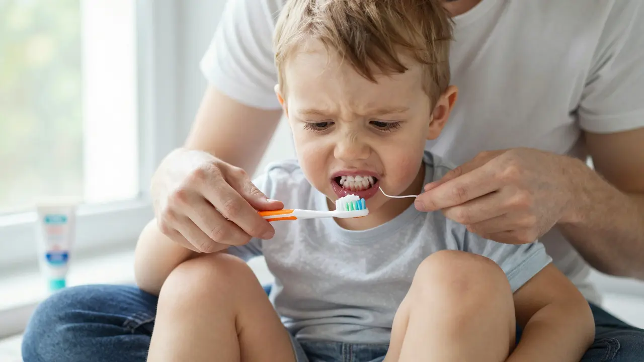 Dítě čistí zuby s rodičem v pozici 'konec-konec', viditelný plak na zubech.