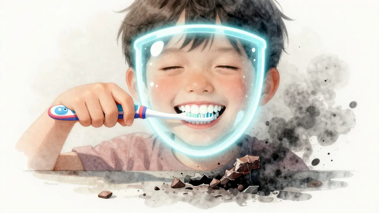 Dítě čistí zuby, zatímco zářivá fluoridová štít chrání jeho úsměv před kamenem.