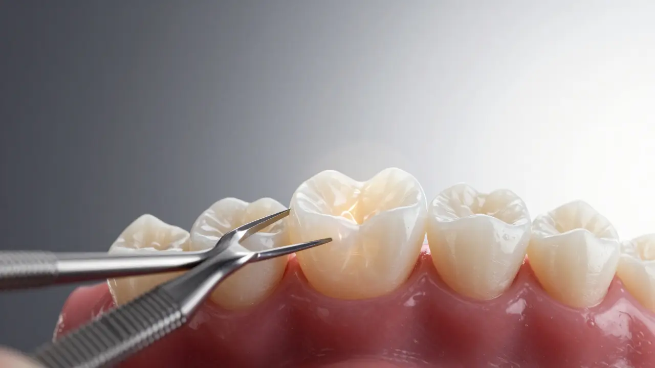 Důkladné odstranění staré porcelánové korunky a nová zirkoniová korunka, která propouští světlo jako přirozený zub.