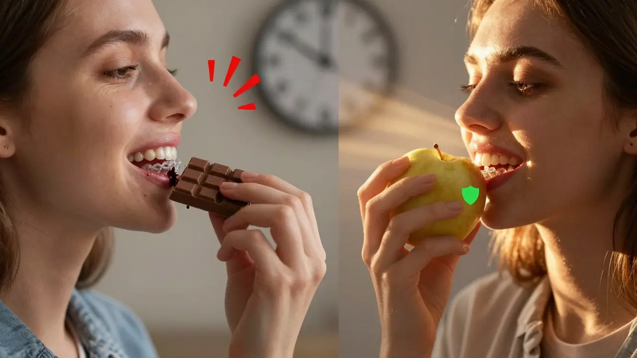 Dvě scény: jedna s jídlem hned po hygieně a druhá s čekáním — s viditelnými riziky a ochranou zubů.