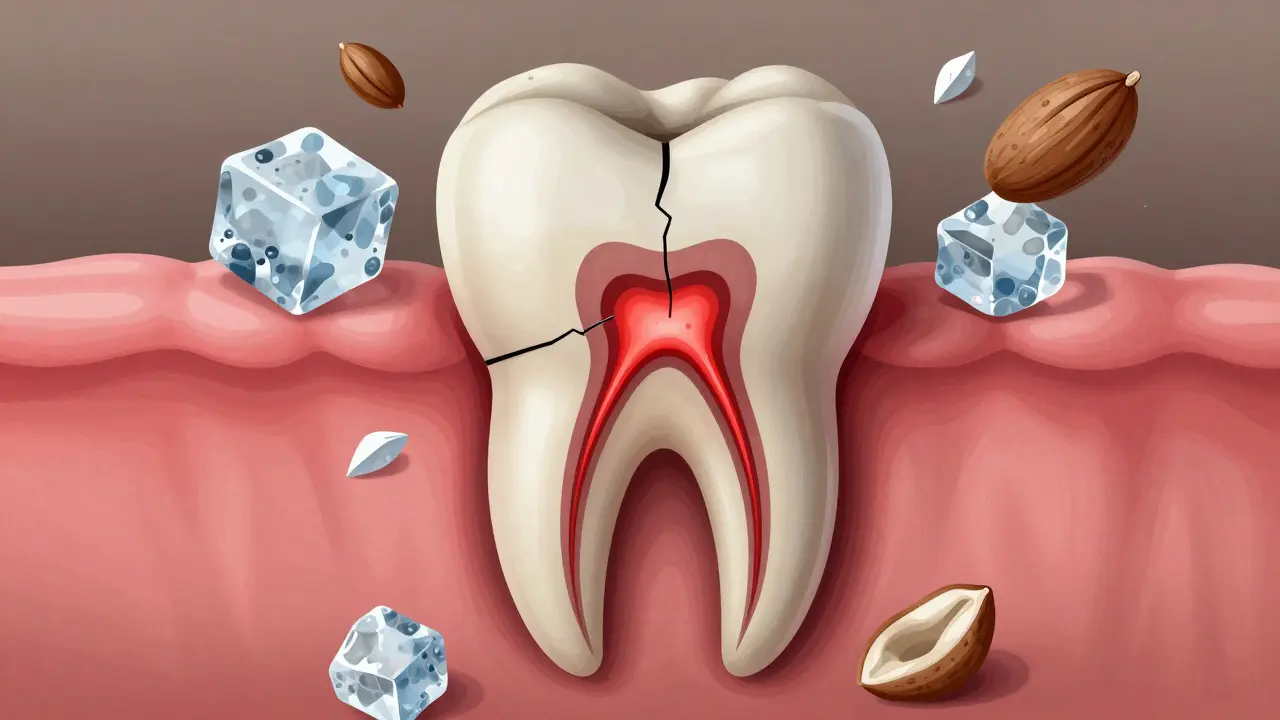 Hluboká prasklina v zubu s ohroženým zubním nervem a symboly příčin.
