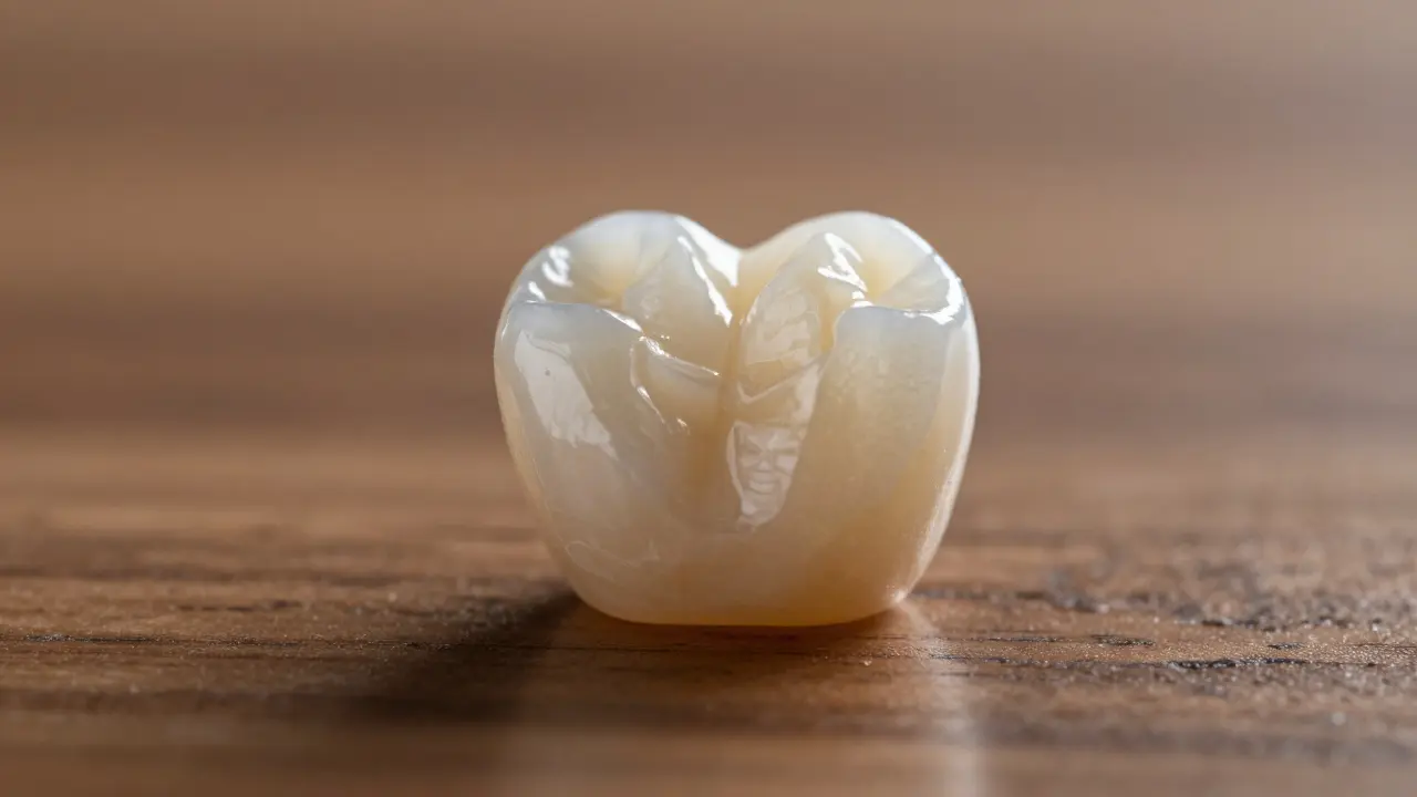 Jedna keramická fazeta na dřevěném povrchu, osvětlená zezadu, s přirozeným leskem a průhlednou strukturou.