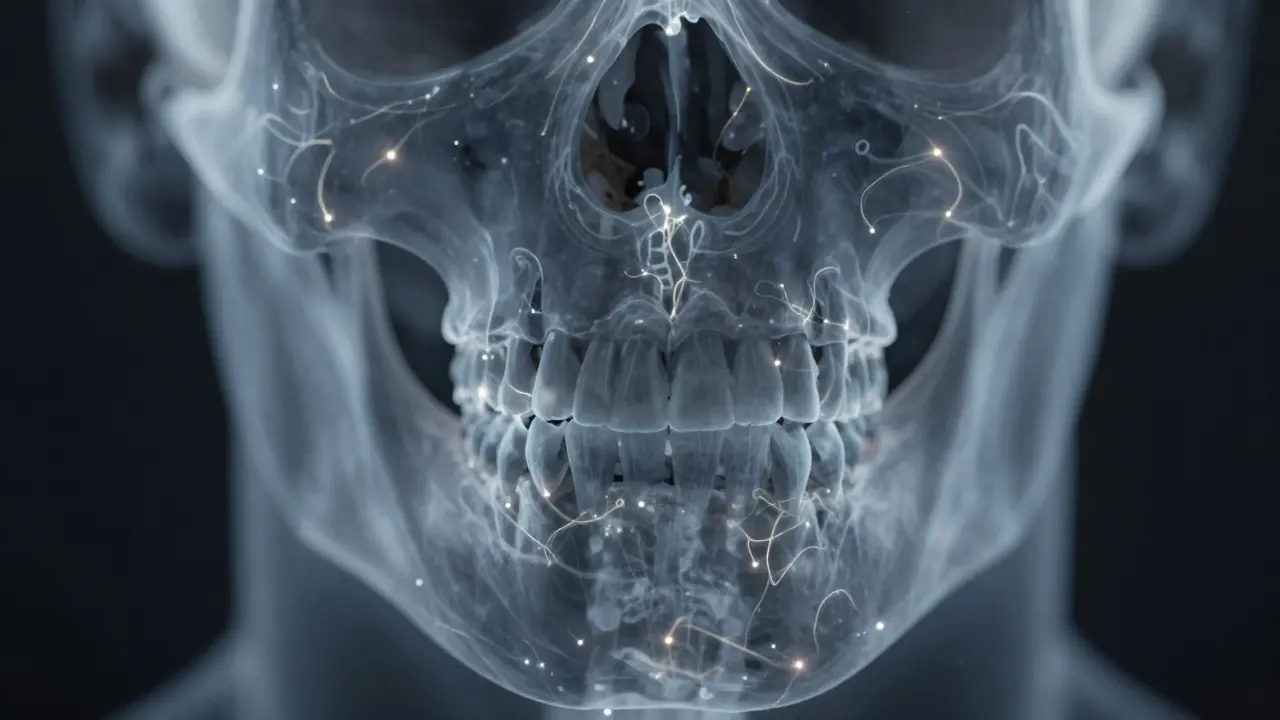 Kostěná lebka s posunutými a opotřebovanými zuby.