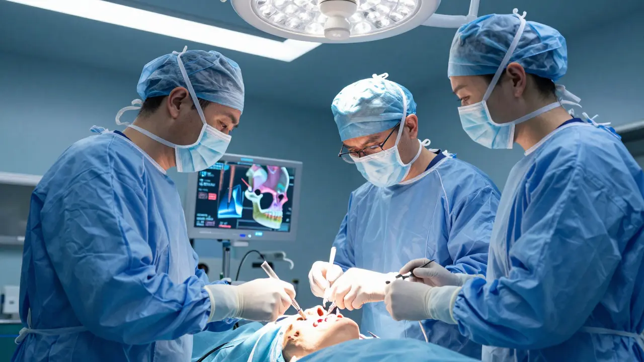 Medical team using 3D technology to perform a precise jaw reconstruction surgery.