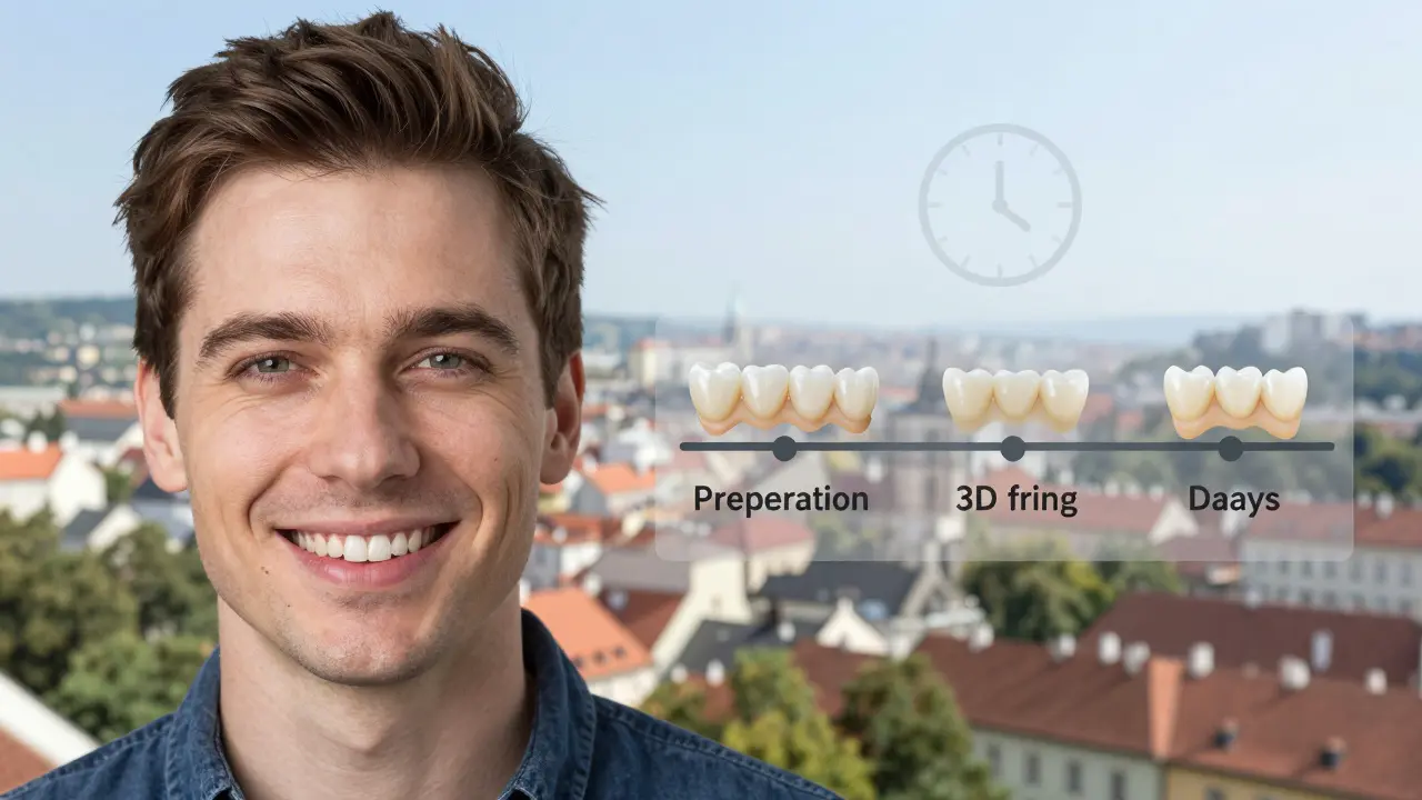 Patient with a new ceramic crown, timeline overlay showing the 10-day process.