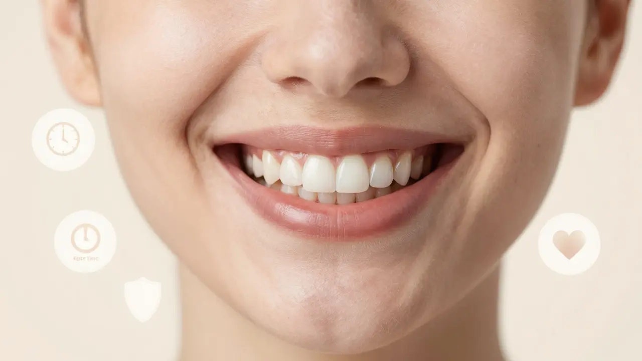 Person's smile transforming from stained tooth to perfect veneer with symbolic icons.