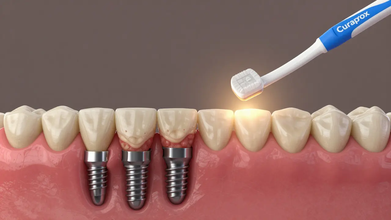 Porovnání zdravých a zánětlivých dásní s mezizubním kartáčkem.