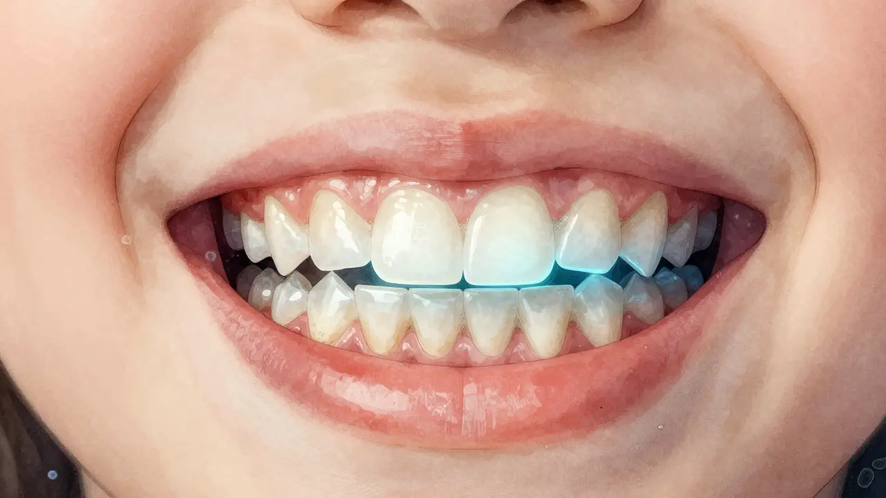 Přehled ústní dutiny: plak se mění v zubní kámen, ochranný fluoridový štít září.