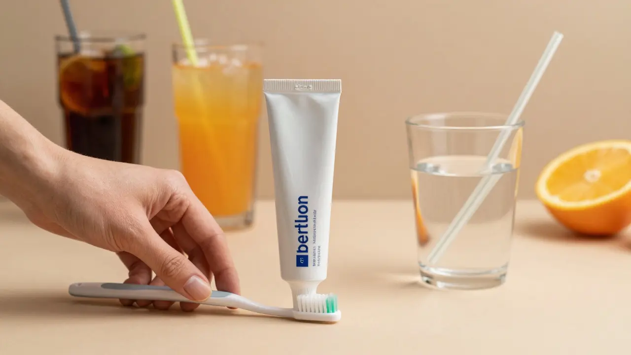 Prevence citlivosti zubů: jemný kartáček a speciální pasta vedle zdravých nápojů.