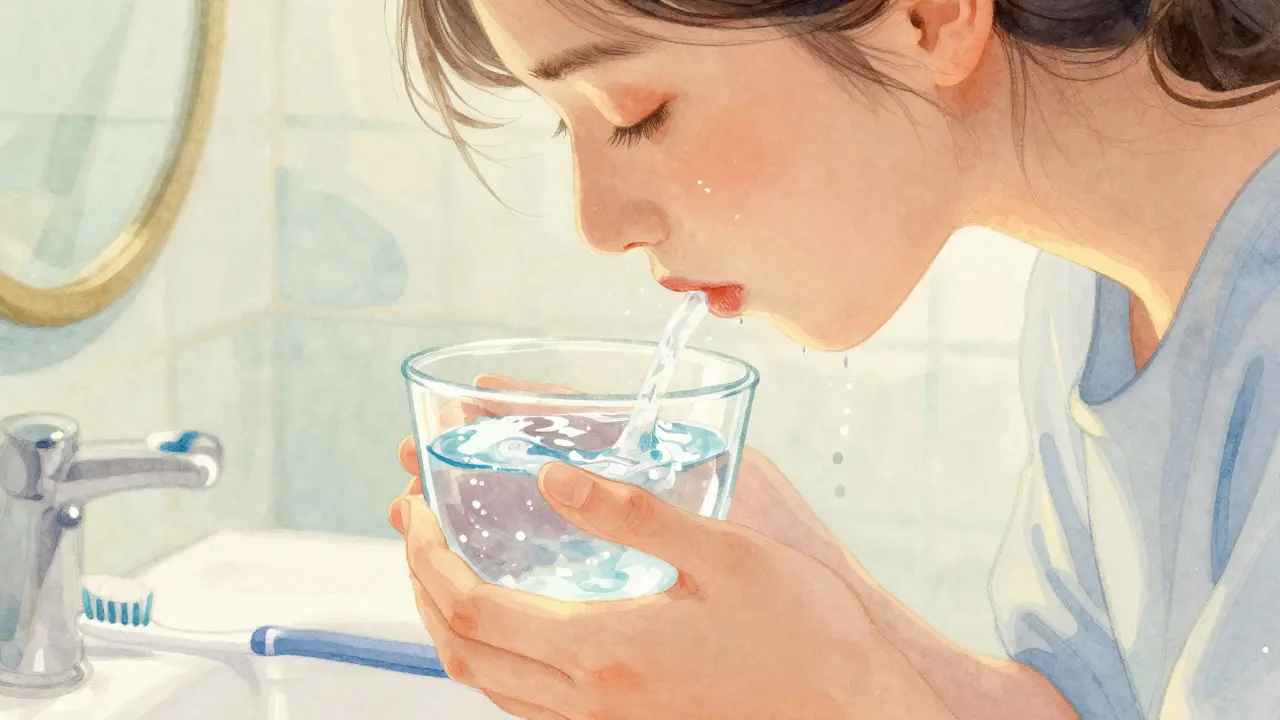 Propláchnutí úst solnou vodou pro hojení dásní