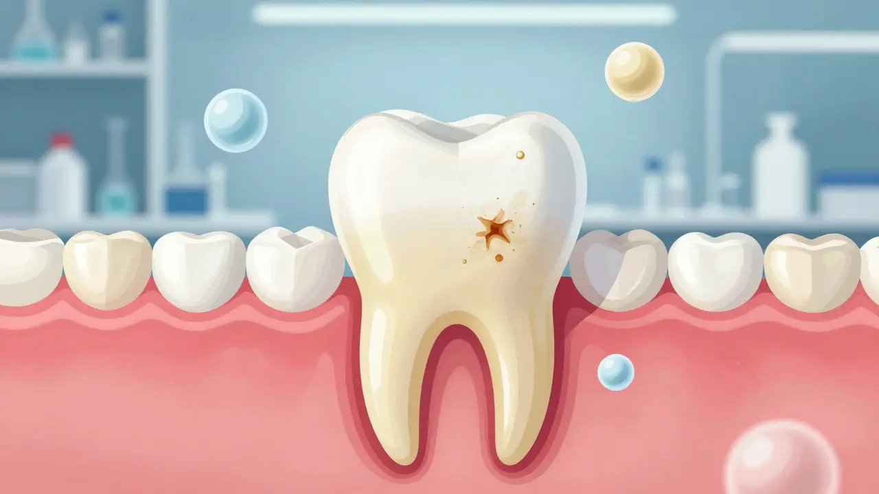 Průřez zubu s chemickým procesem odstraňování skvrn.