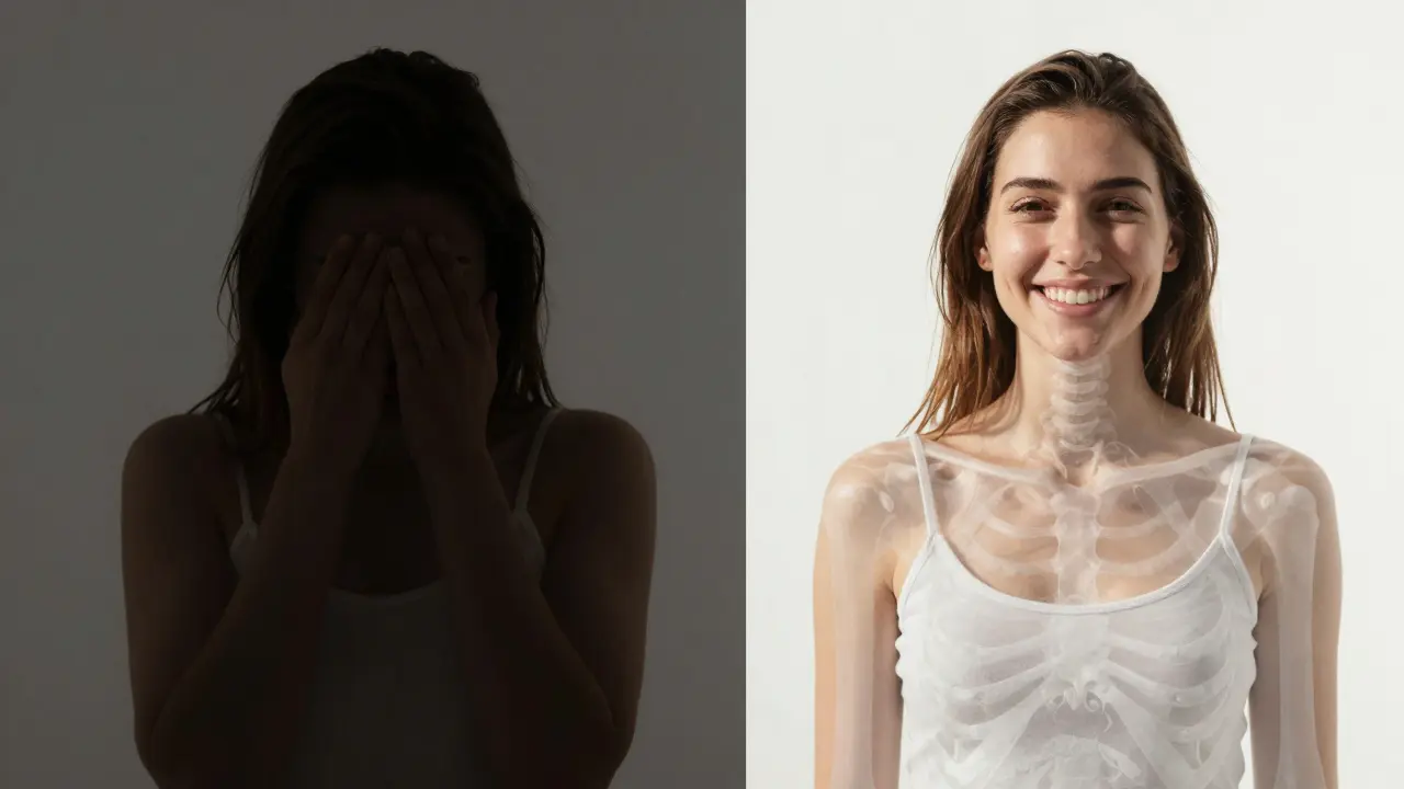 Split portrait showing transformation from hidden sorrow to confident self-expression after facial surgery.