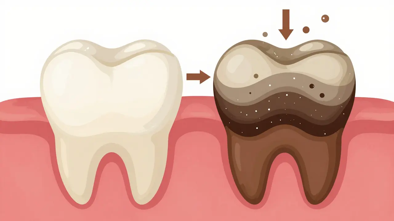 Srovnání zdravého zubu a zubu s kamenem, ukazující postupnou mineralizaci plaku.