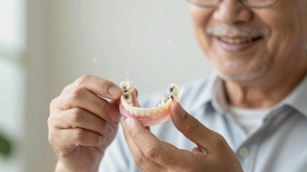 Starší osoba drží zubní protézu s viditelnými silikonovými součástmi, za ní průhledný přehled vnitřního systému.