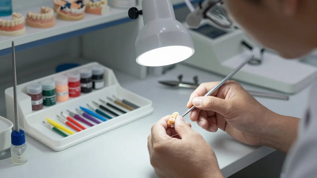 Technician carefully applying ceramic layers to craft a custom dental crown.