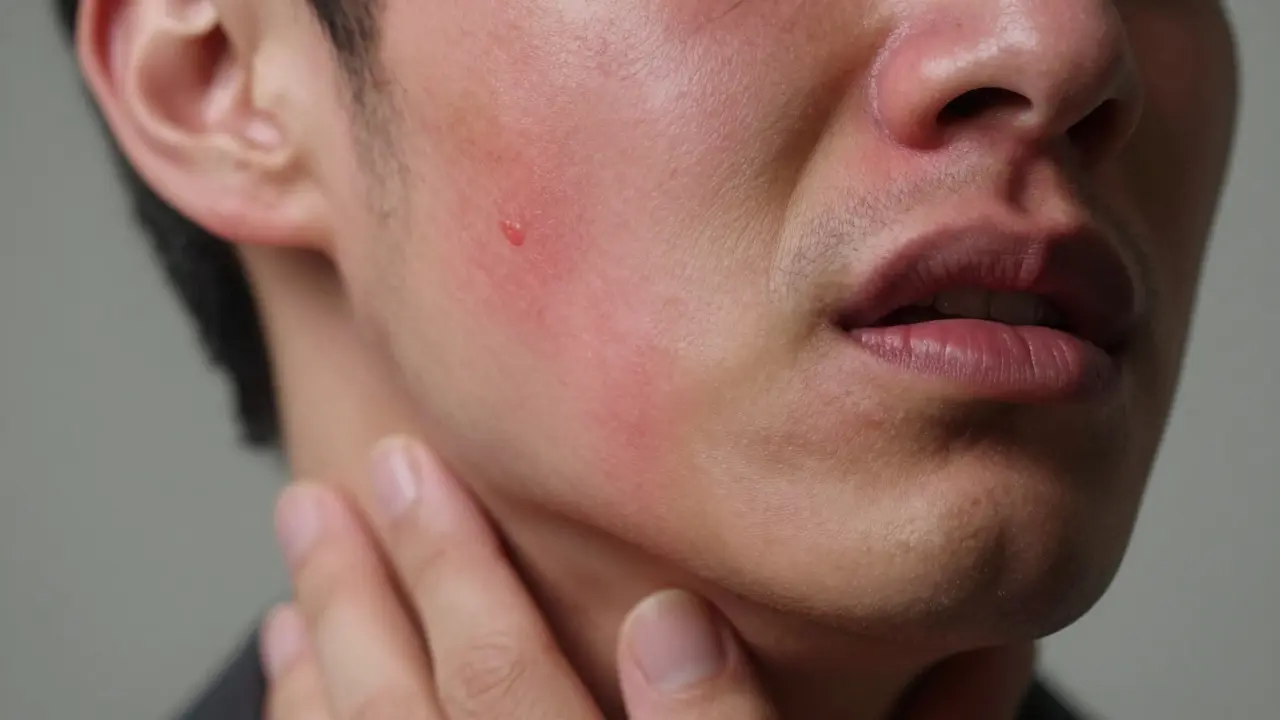 Těžký otok tváře a šíje s obtížemi při otevření úst.