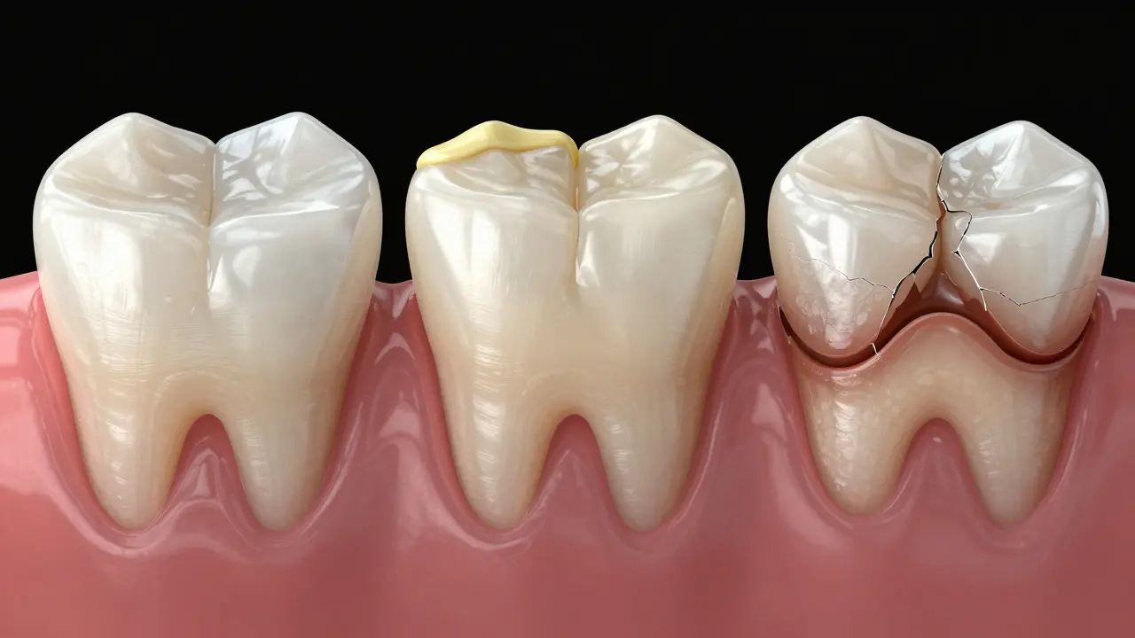 Timeline showing composite veneers deteriorating over time: from fresh to stained and cracked.