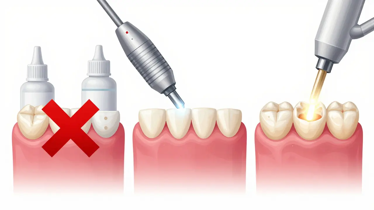 Tři scény: porcelánová korunka bez účinku bílícího gelu, vybělování přirozených zubů a výroba nové korunky v laboratoři.