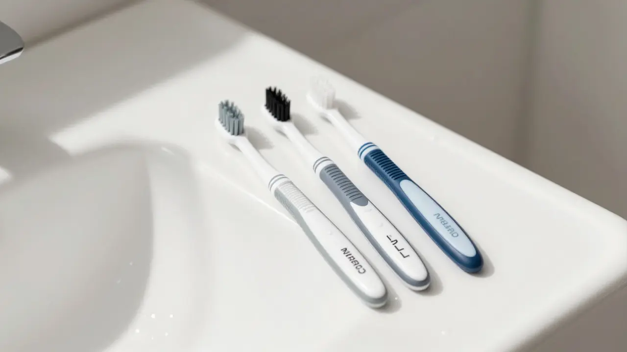 Tři velikosti mezizubních kartáčků Curaprox na umyvadle s kapkami vody.