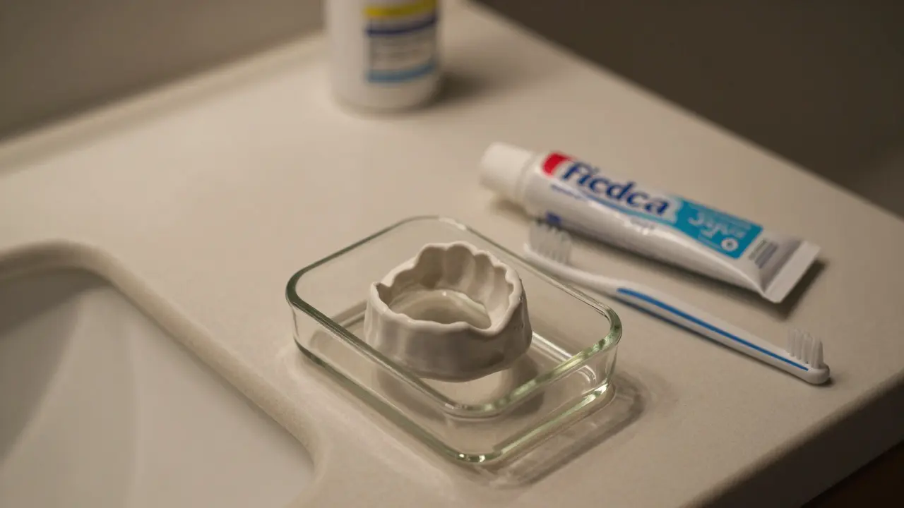 Uvolněné keramické rovnátko uložené v čisté krabičce vedle fluoridové pasty a interdentalního kartáčku.