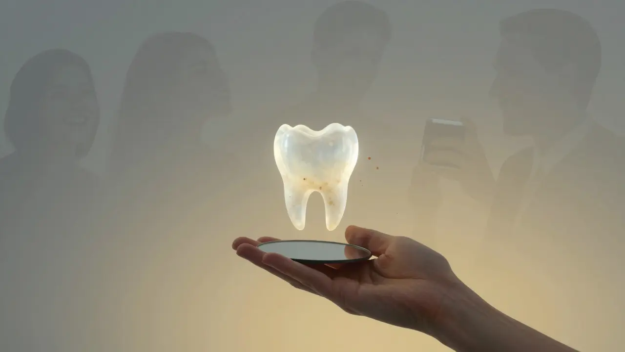 Zrcadlo odrazuje jen bílé zuby, které se vynořují z tmavých skvrn, kolem nich postupně světlo.