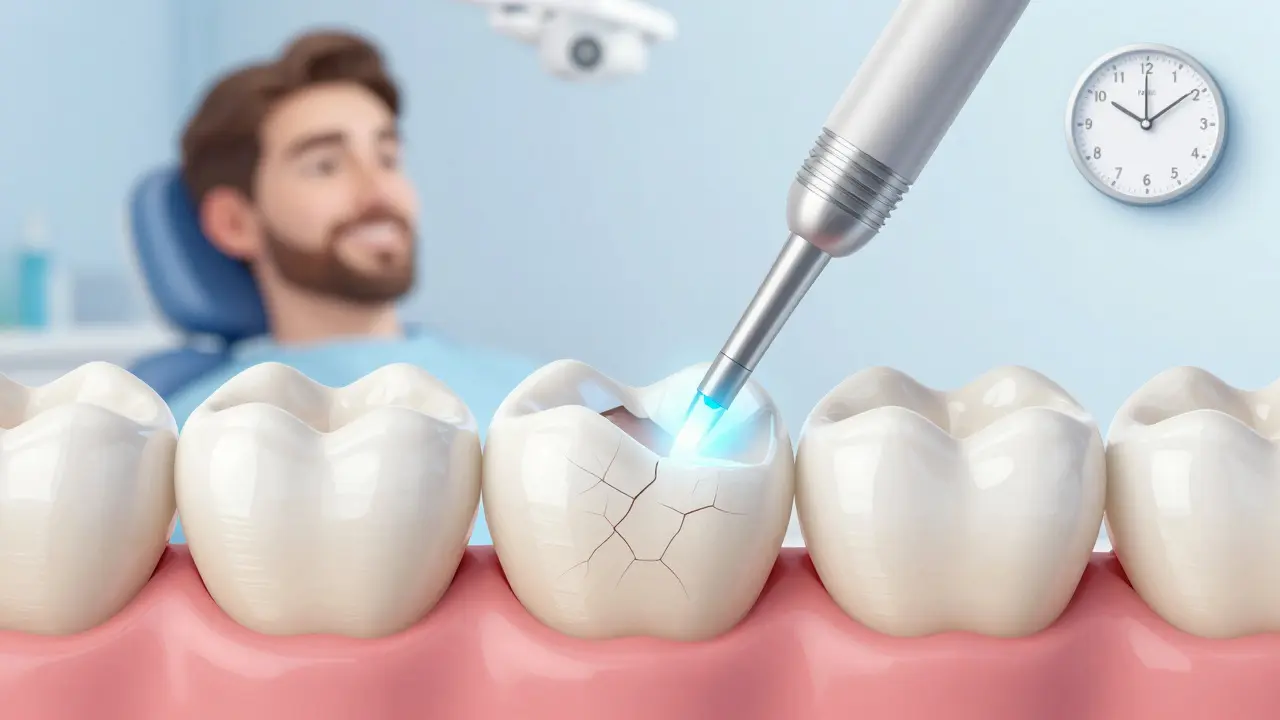 Zub s korunkou a laserovým skenováním skrytých prasklin.