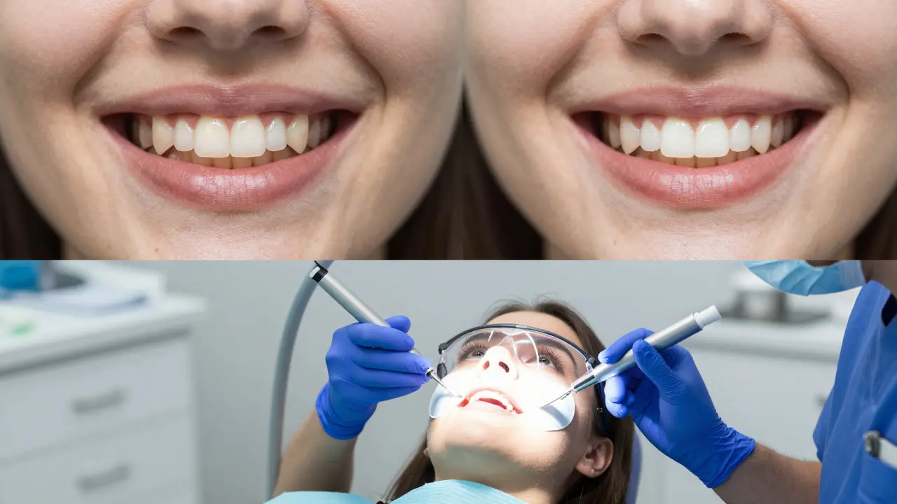 Zubní lékař provádí bělení zubů v klinice s ochrannými opatřeními.