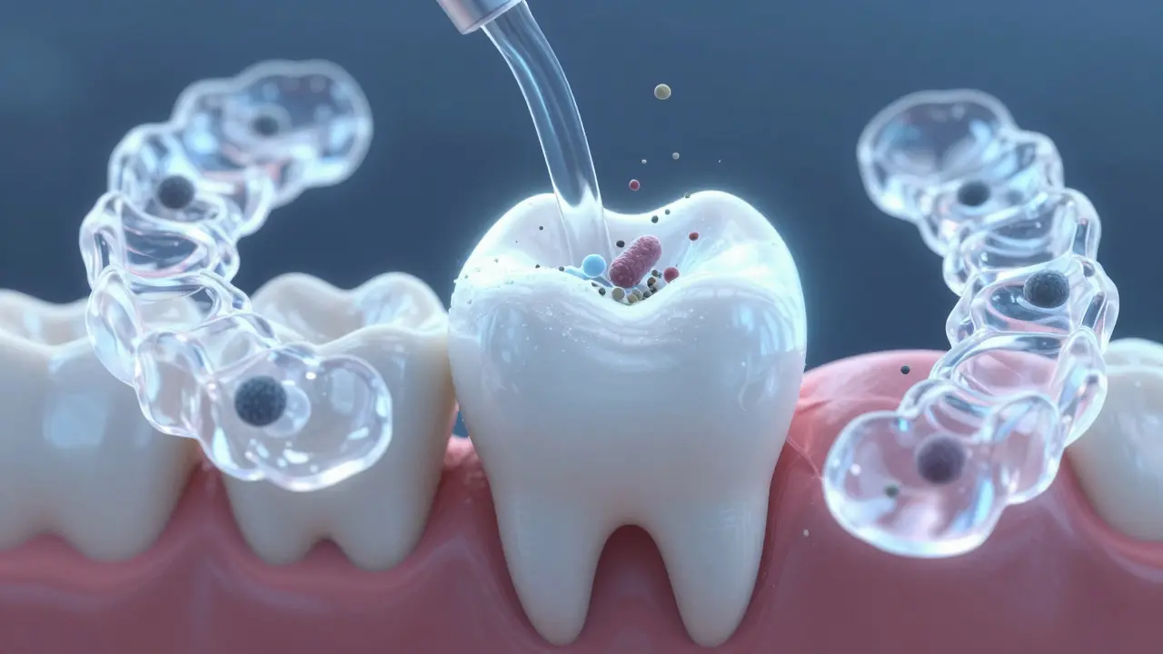 Zvětšený pohled na zub s fluoridovou vrstvou a průhlednými rovnátky, odstraňujícími bakterie.