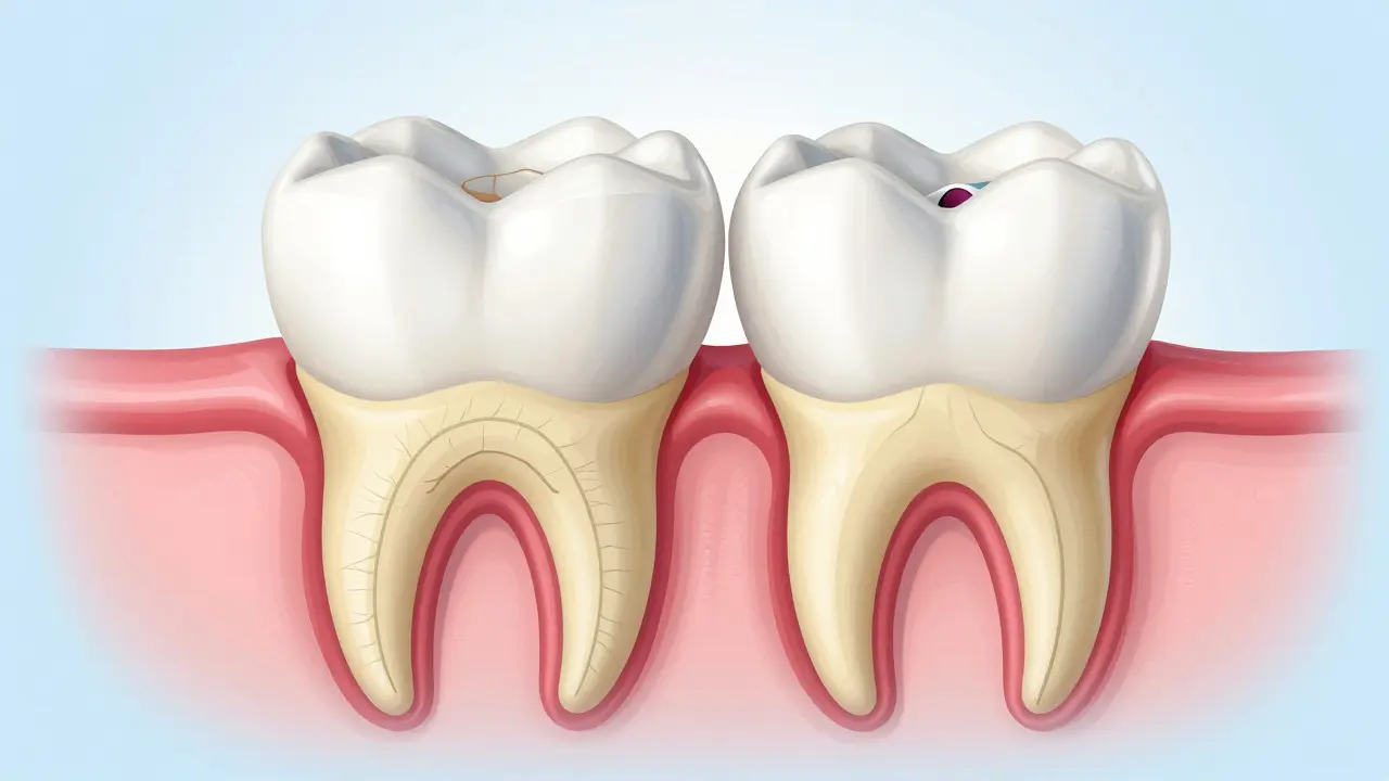 Anatomický řez ukazující rozvoj zubního kazu na zubech