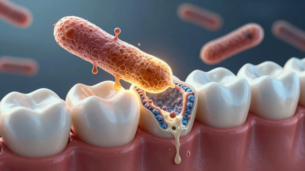Bakterie v plaku rozkládají sklovinku zubu, zatímco minerály obnovují zdravou část.