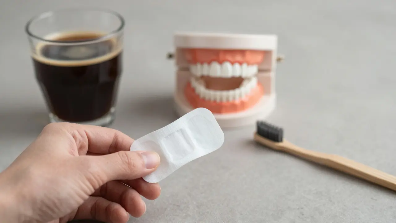 Bělicí pásky spolu s kávou a zubní kartáčkou na pozadí s výstrahou poškození dásní.