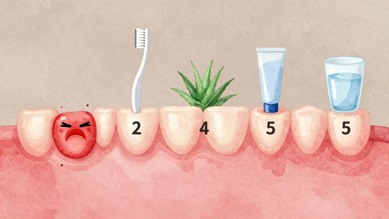 Časová osa hojení dásně od podráždění k obnově během 5 dní.