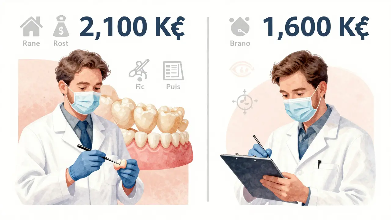 Comparison of composite filling prices between Prague and Brno dental clinics.