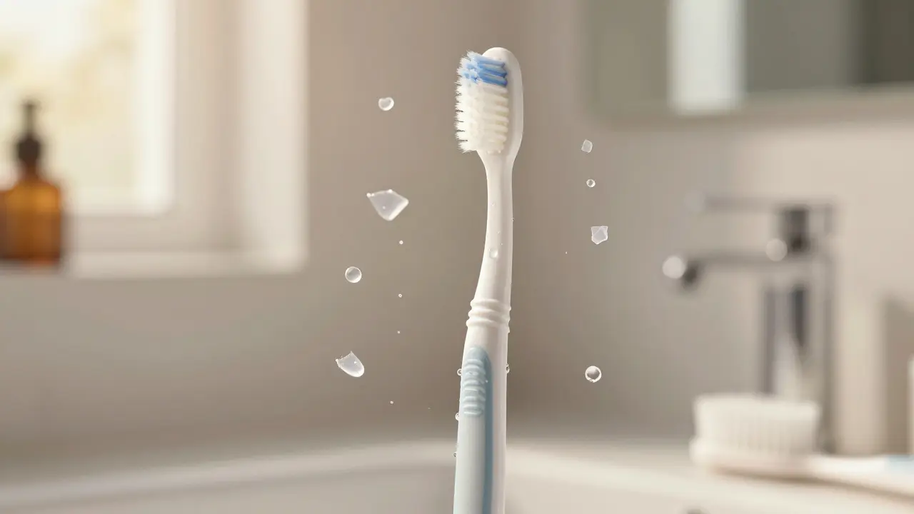 Curaprox kartáček stojící na umyvadle, kolem něj se rozptýlí poškozené štětinky běžných kartáčků.