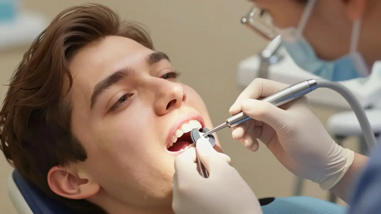 Dentista obnovuje lesk keramické fazety jemným brusným diskem v klinice.