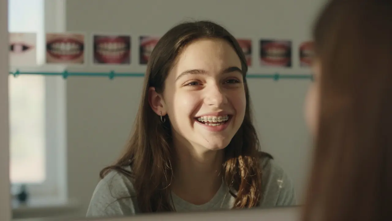 Dívka v dospělosti se zubními rovnátky a radostným úsměvem v zrcadle.