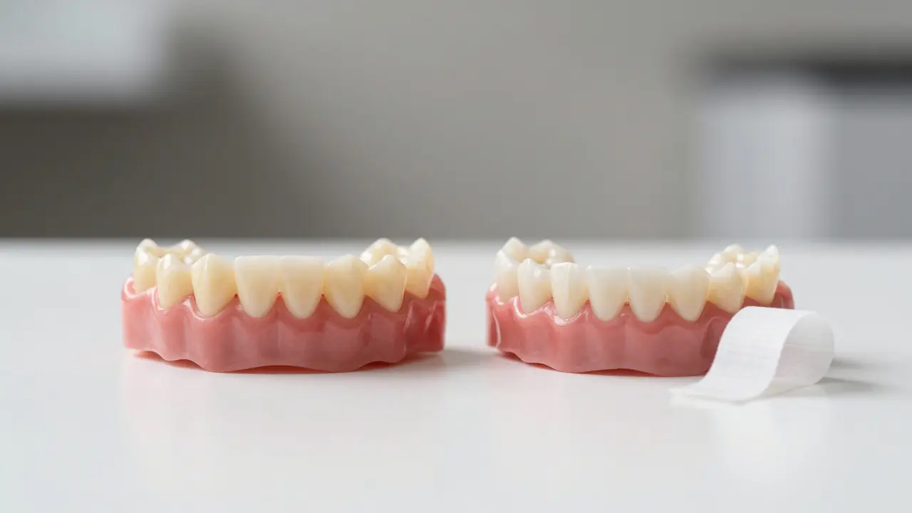 Dva zuby vedle sebe: před a po bělení s bělicí páskou vedle.