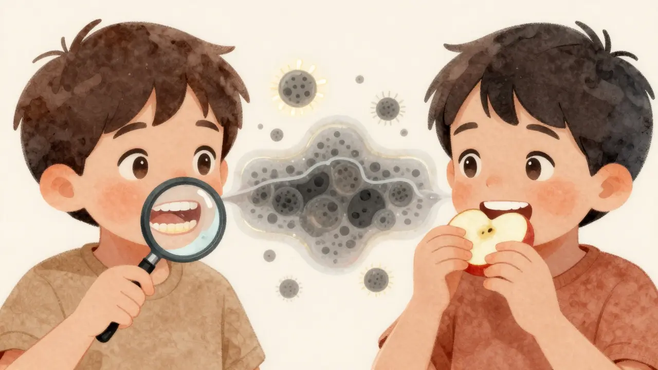 Dvě děti: jedna jí sladkosti s náznakem plaku, druhá jí jablko s čistými zuby.