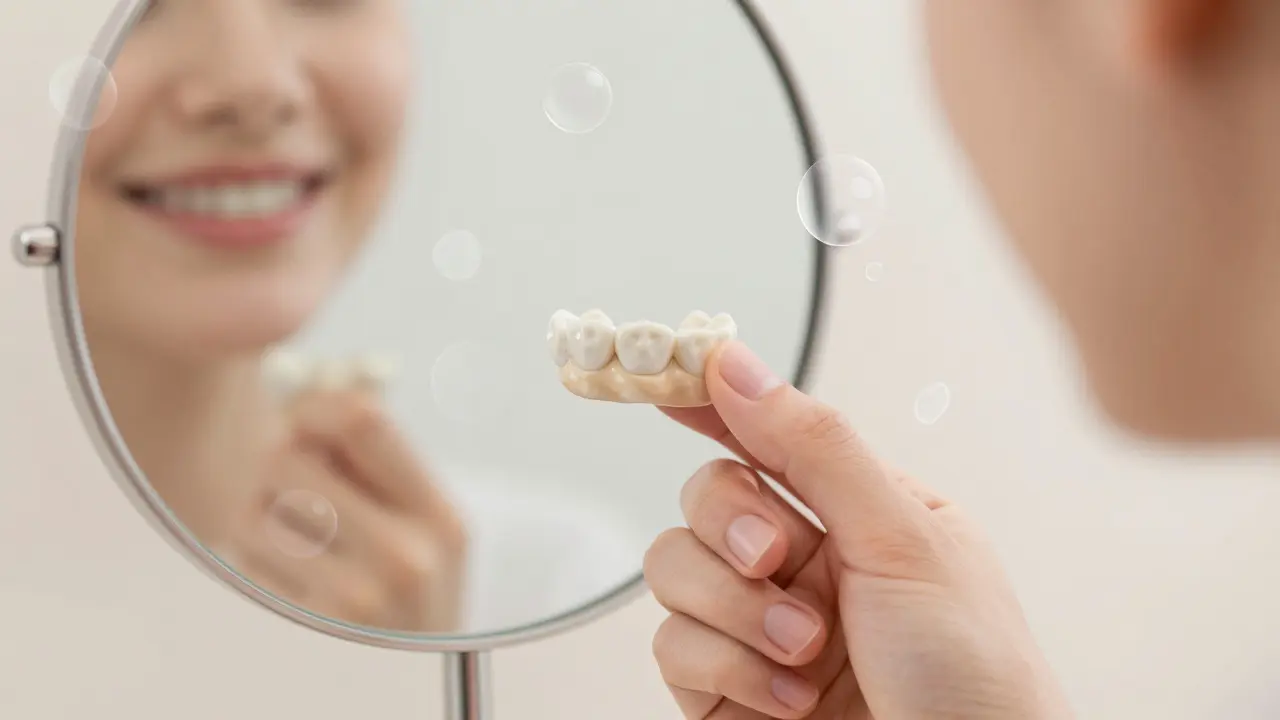 Keramická základna rovnátka téměř sloučená s barvou zubu.