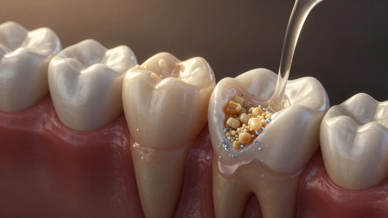 Křížový řez zubů: na jedné straně zbytky jídla, na druhé sliny obnovující sklovinku.