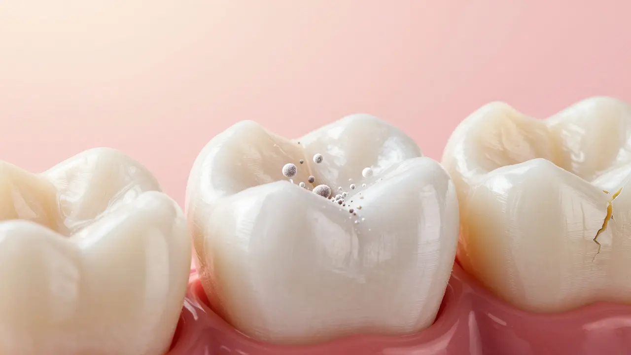 Mikroskopický pohled na obnovu smaltu hydroxyapatitem vs. poškození od citronu a baking sody.