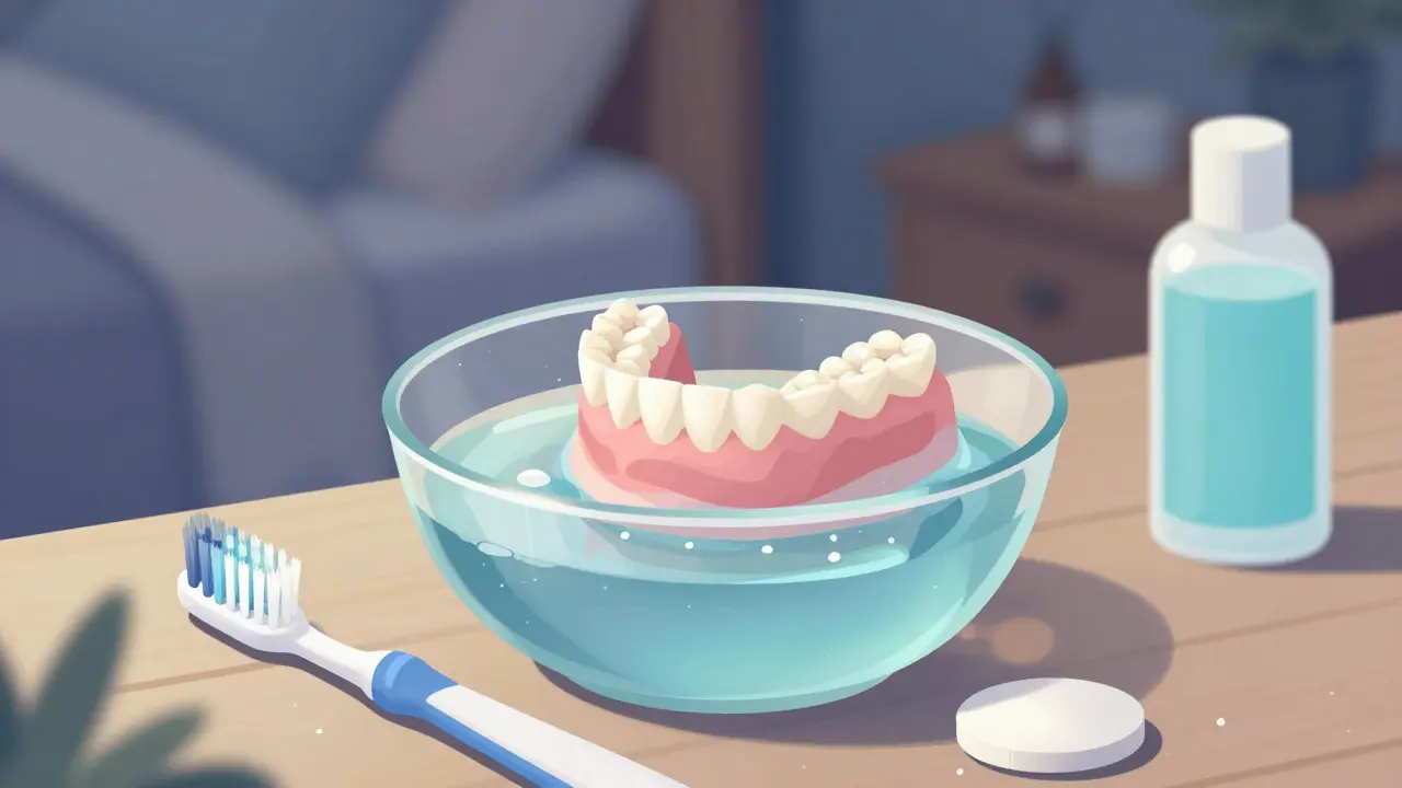Náhradní zuby ponořené v teplé vodě s solí a čisticí tabletkou.