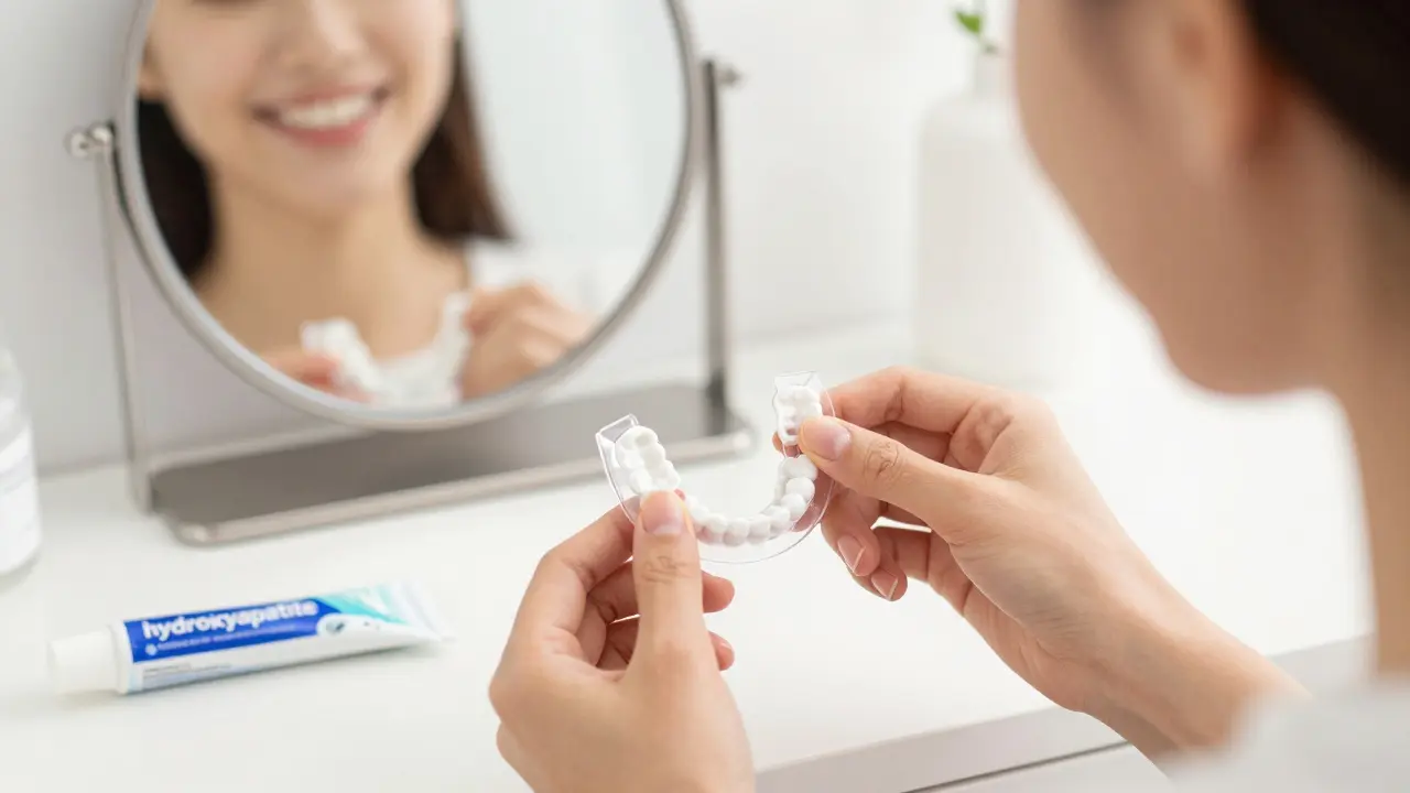 Osoba používá domácí splint s bělícím gelem při ranní péči o zuby.