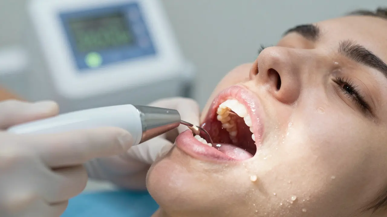 Patient's mouth during ultrasonic cleaning with steady water flow and minimal instrument contact.