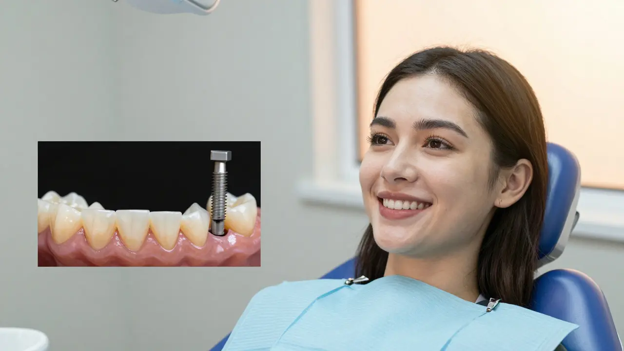 Patient smiling after successful implant procedure, with comparison to traditional bridge.