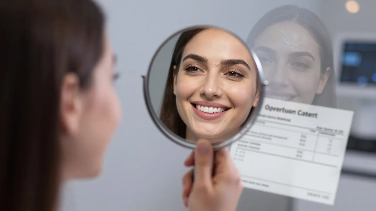 Patient smiling in mirror after composite veneers, with faint images of potential problems in background.